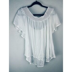 Lapogee White Peasant Blouse 2X Boho‎ Flutter Sleeve Scoop Neck Cotton Top